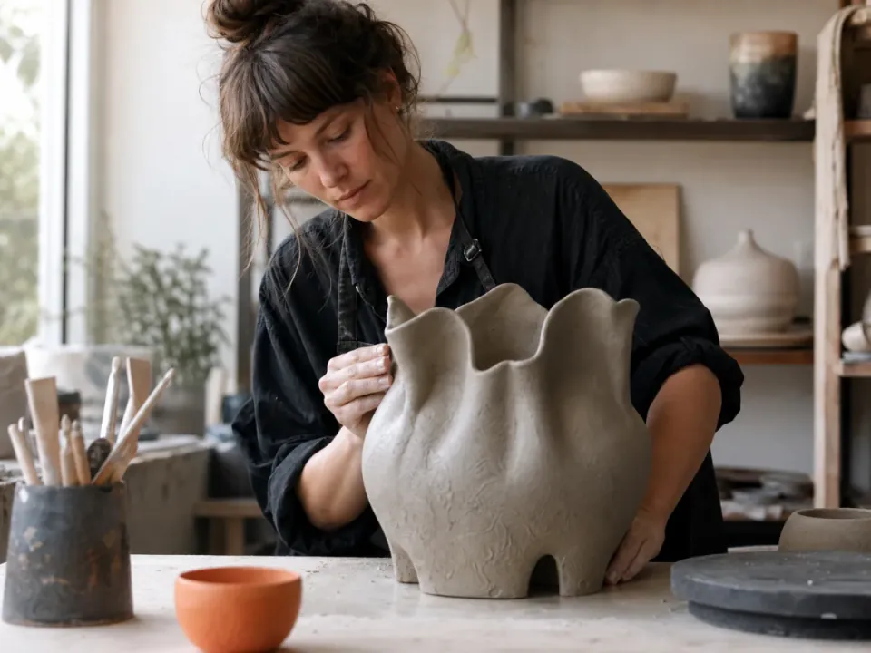 Ceramic artist shaping a sculptural vessel in a daylight studio