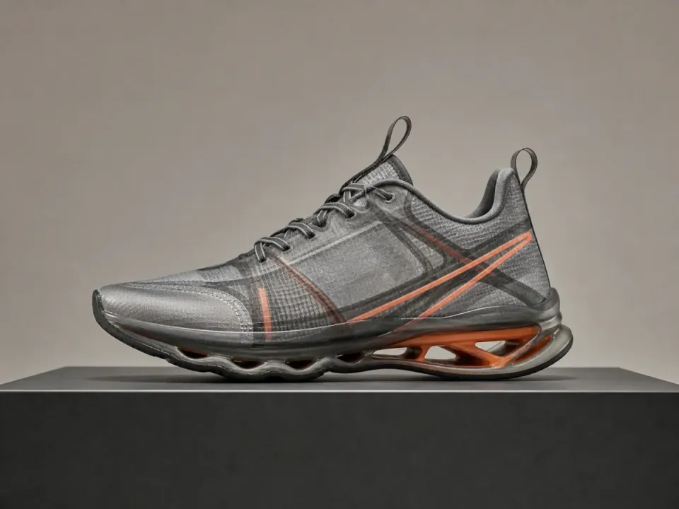 Unbranded translucent running shoe on a graphite product plinth
