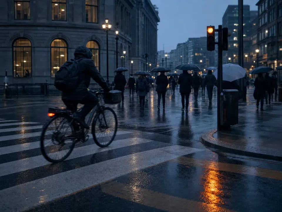 Rainy city crossing with a cyclist and umbrella crowd